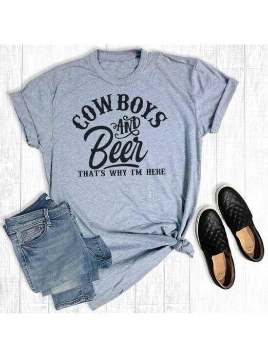 Next Level Apparel Tops - Cowboys And Beer Graphic Tee Heather Gray Casual Unisex Large Next Level Apparel
